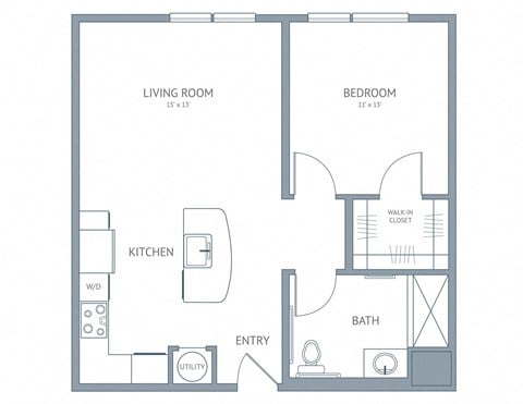 Floor plan for 1 bed, 1 bath, 671 sqft